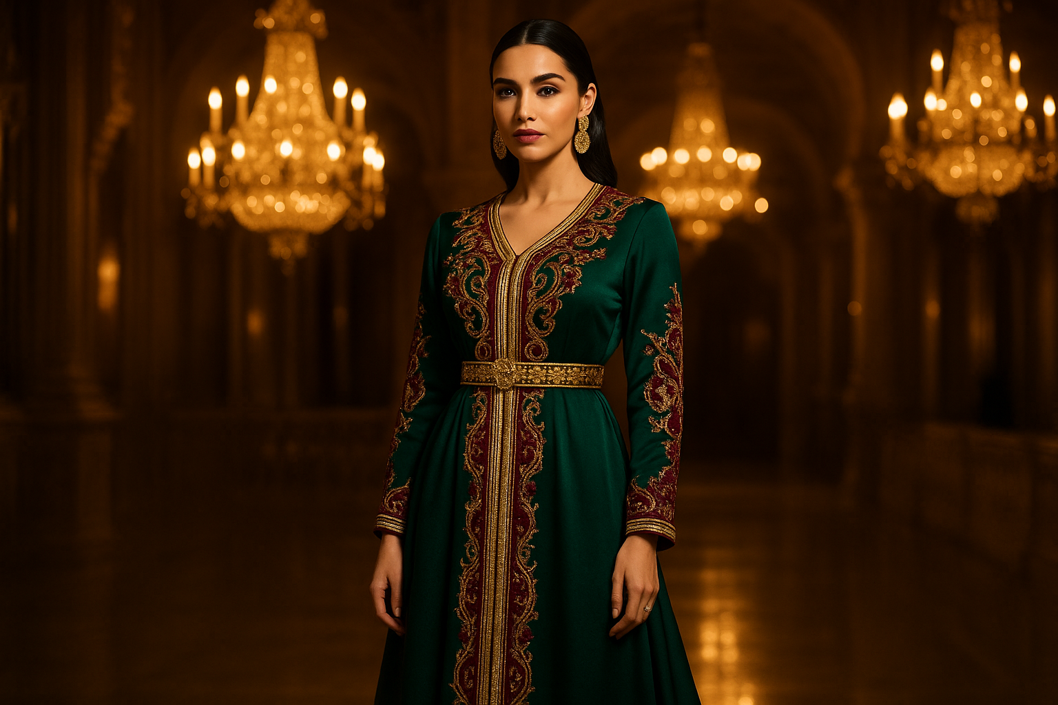 "A luxurious fashion photoshoot of a woman wearing an elegant Moroccan caftan, deep emerald green with rich burgundy and gold embroidery, standing gracefully in a grand palace-like interior with chandeliers and golden lighting. The atmosphere is regal, sophisticated, and cinematic. The woman has sleek dark hair, wearing statement earrings, exuding confidence and elegance. 